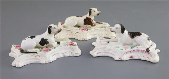 Three Derby porcelain figures of a setter and two pointers, c.1835-46, L. 13cm and 13.4cm
